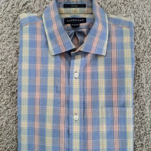 Lands' End No Iron Tailored Fit Button Down Blue Pink Dress Shirt 15.5 x 34